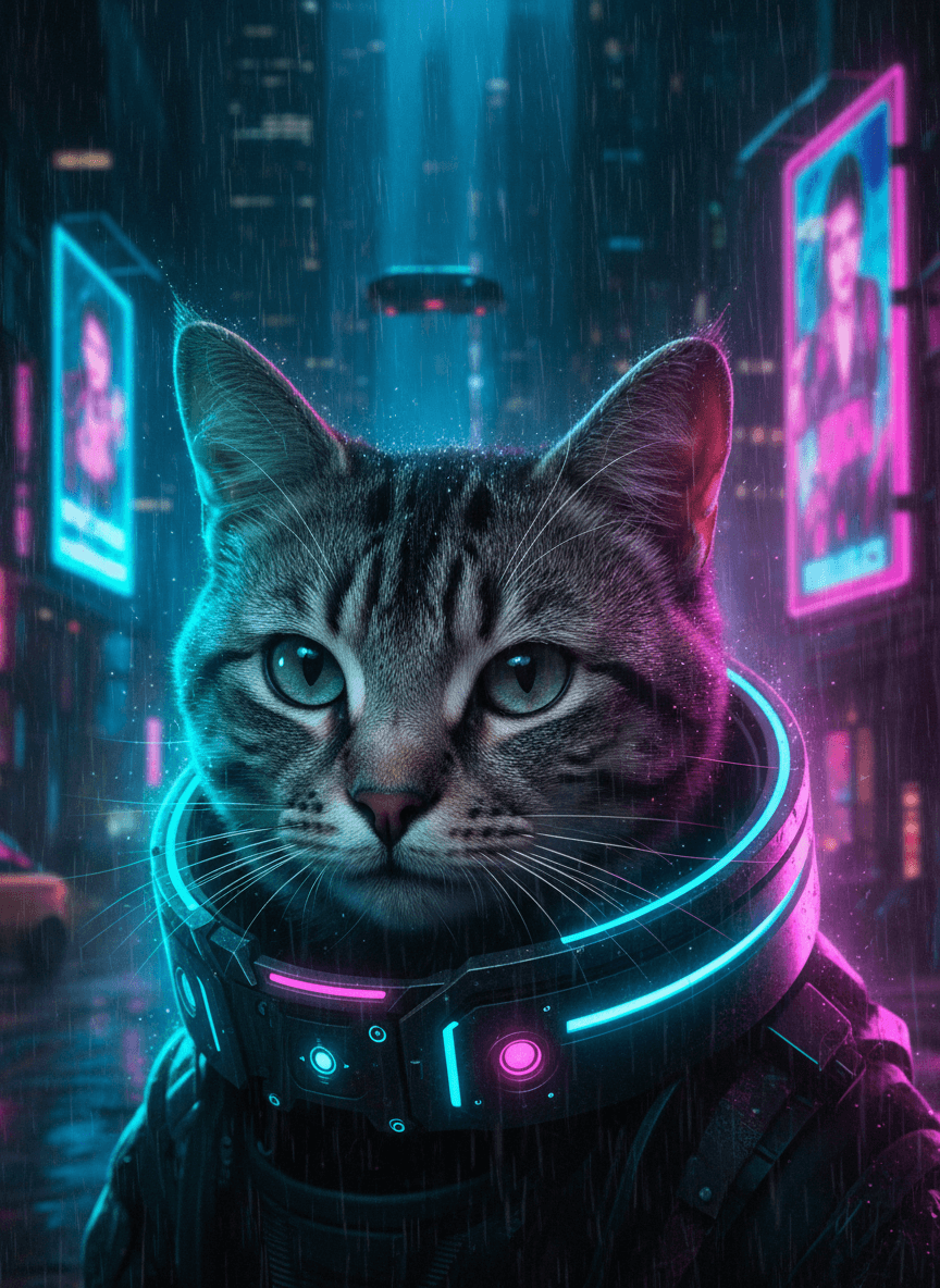 Tabby cat in a neon-lit rainy city, Cyberpunk style