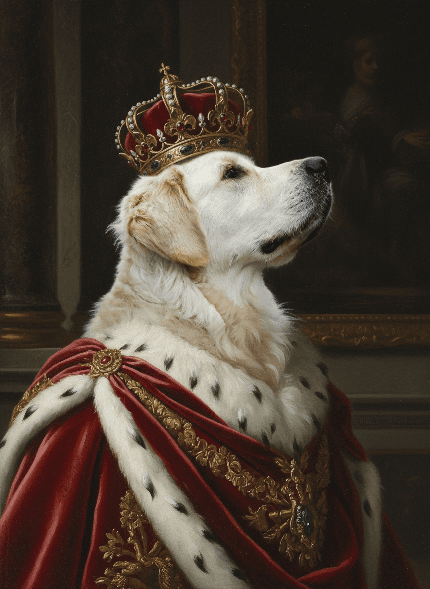 Golden retriever as a crowned monarch in red ermine, Royal style